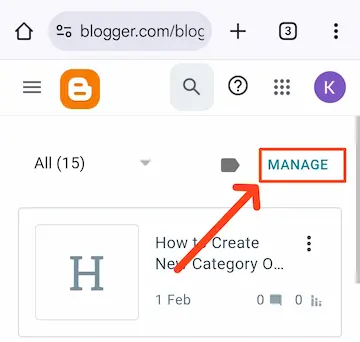 Blogger.com में Category कैसे बनाएं? जानें स्टेप-बाय-स्टेप तरीका 4 manage option par click kare
