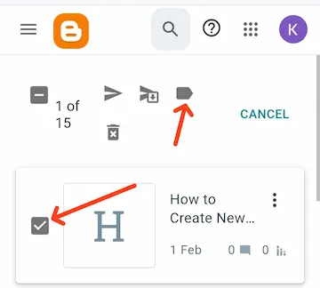 Blogger.com में Category कैसे बनाएं? जानें स्टेप-बाय-स्टेप तरीका 5 post select kare aur label icon par tape kare