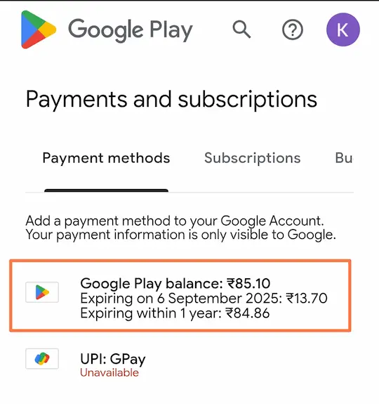 Google Play में Balance कैसे Check करें? (2 आसान तरीके) 6 Live proof ke taur per is screenshot mein dikhaya gaya hai Google Play ka balance